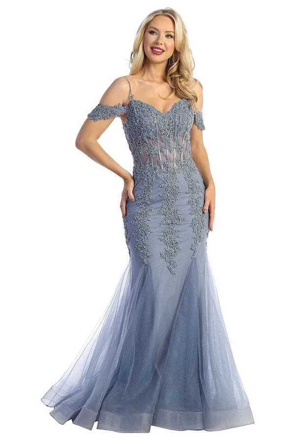 LF 7733 - Beaded Lace Embellished Fit & Flare Prom Gown with Sheer Corset Bodice & Tulle Skirt
