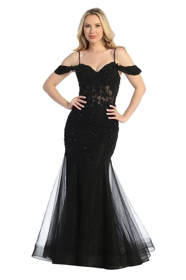 LF 7733 - Beaded Lace Embellished Fit & Flare Prom Gown with Sheer Corset Bodice & Tulle Skirt