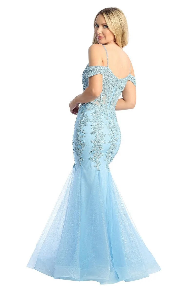 LF 7733 - Beaded Lace Embellished Fit & Flare Prom Gown with Sheer Corset Bodice & Tulle Skirt