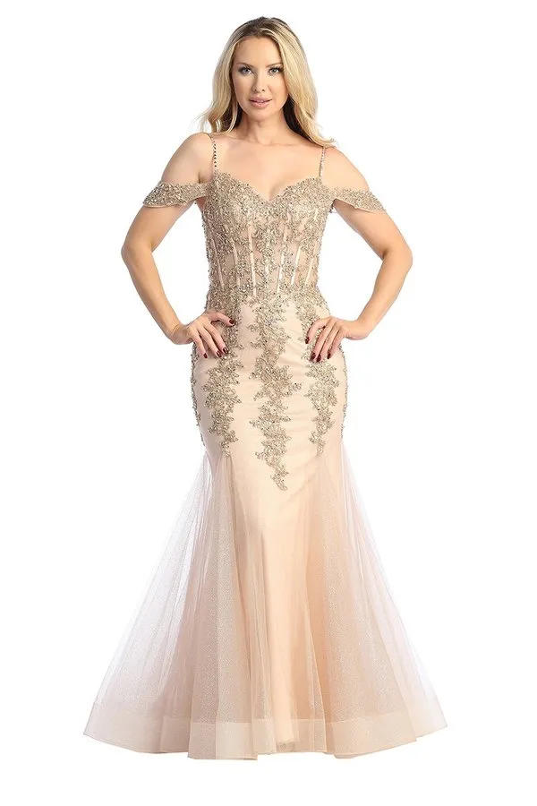 LF 7733 - Beaded Lace Embellished Fit & Flare Prom Gown with Sheer Corset Bodice & Tulle Skirt