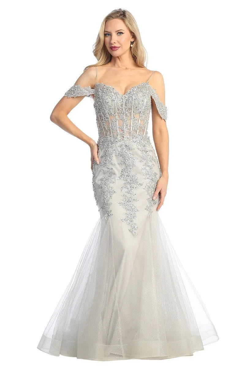 LF 7733 - Beaded Lace Embellished Fit & Flare Prom Gown with Sheer Corset Bodice & Tulle Skirt