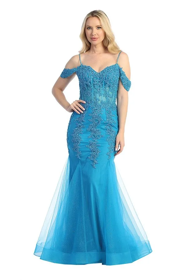 LF 7733 - Beaded Lace Embellished Fit & Flare Prom Gown with Sheer Corset Bodice & Tulle Skirt