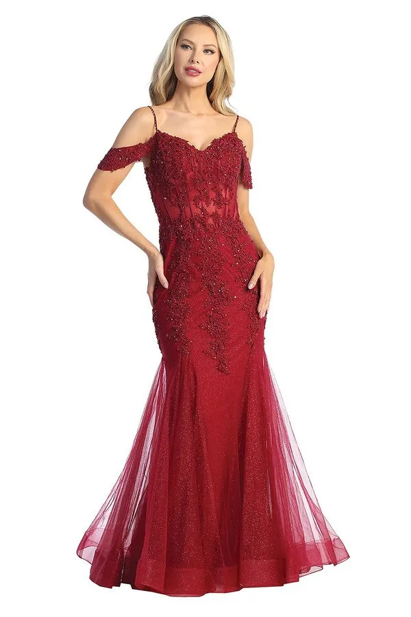LF 7733 - Beaded Lace Embellished Fit & Flare Prom Gown with Sheer Corset Bodice & Tulle Skirt