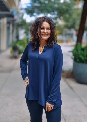 Long Sleeve V Neck Blouse-Navy