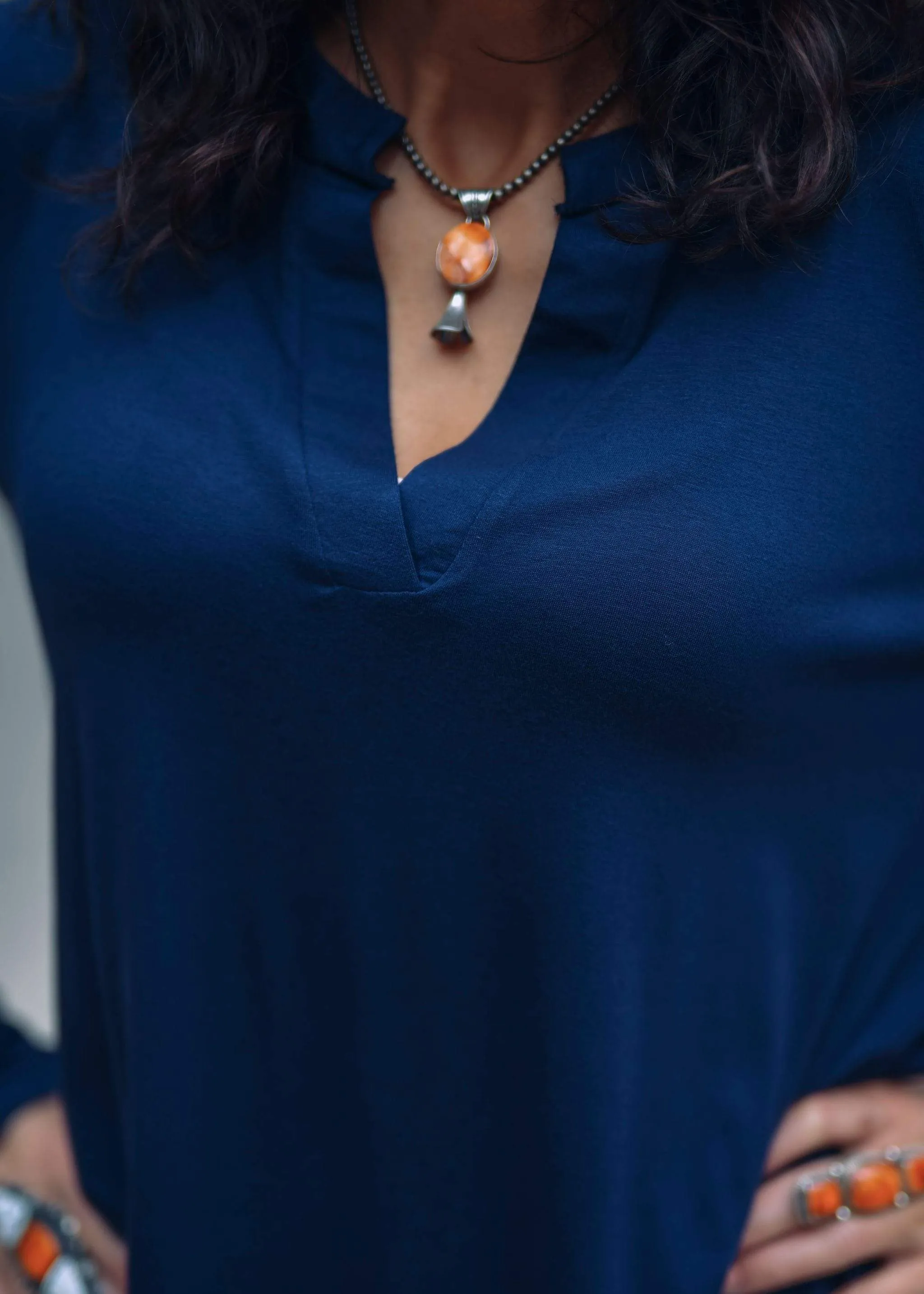 Long Sleeve V Neck Blouse-Navy