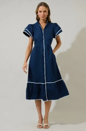 Lorraine Navy Button Down Midi Dress