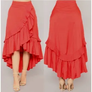 LULUMARI Red Overlap Maxi Frill High Low Skirt size medium