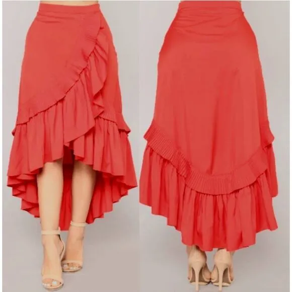 LULUMARI Red Overlap Maxi Frill High Low Skirt size medium