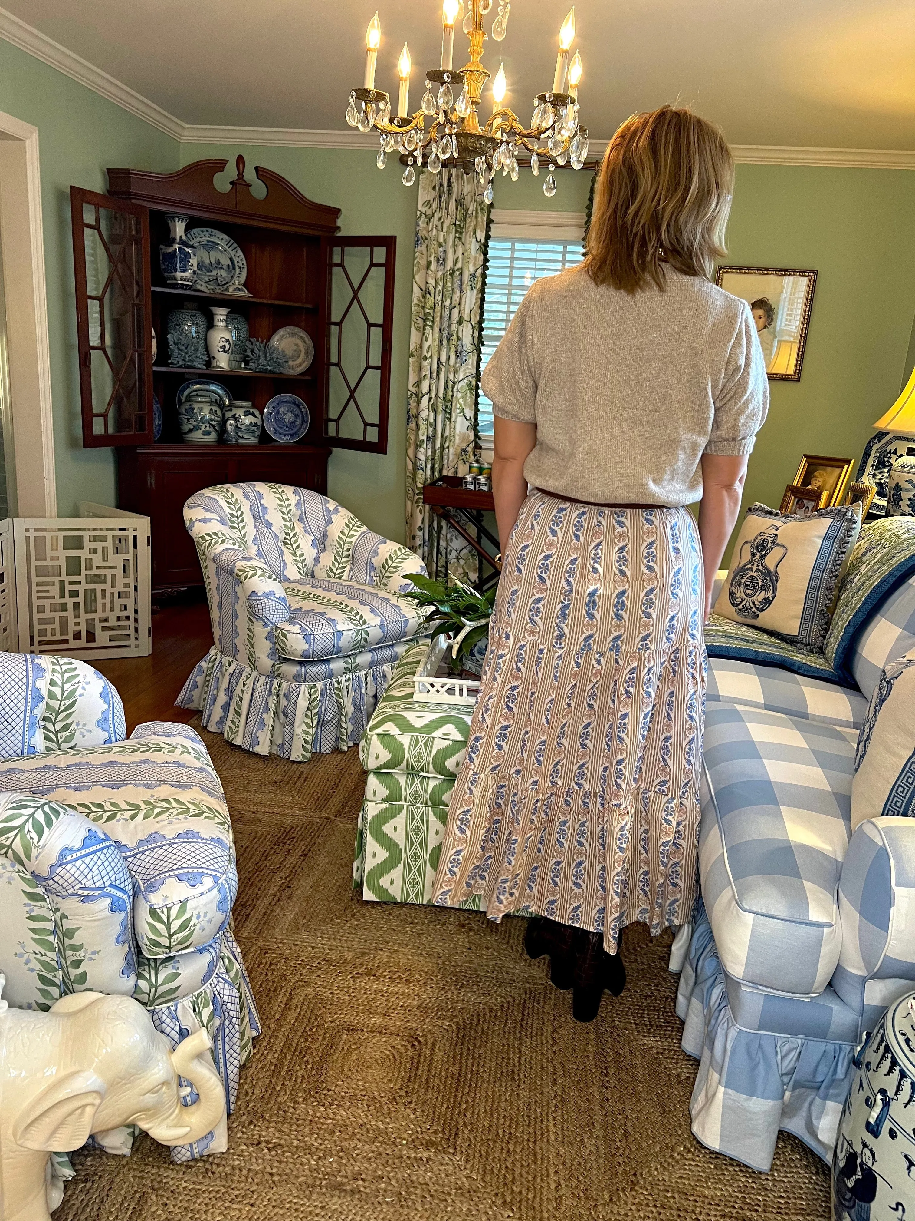 Maria Floral Block Print Maxi Skirt in Taupe & Blue