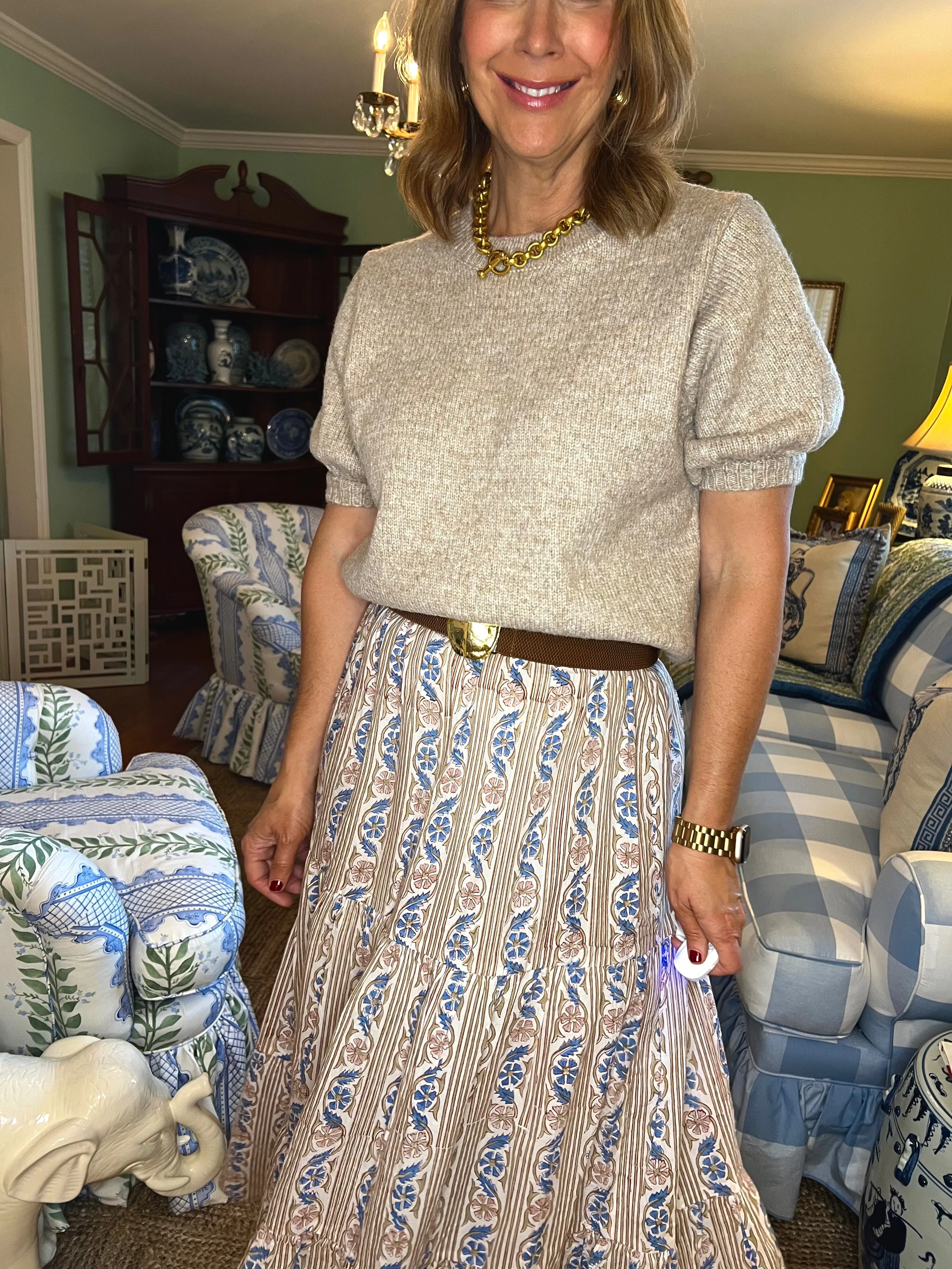 Maria Floral Block Print Maxi Skirt in Taupe & Blue