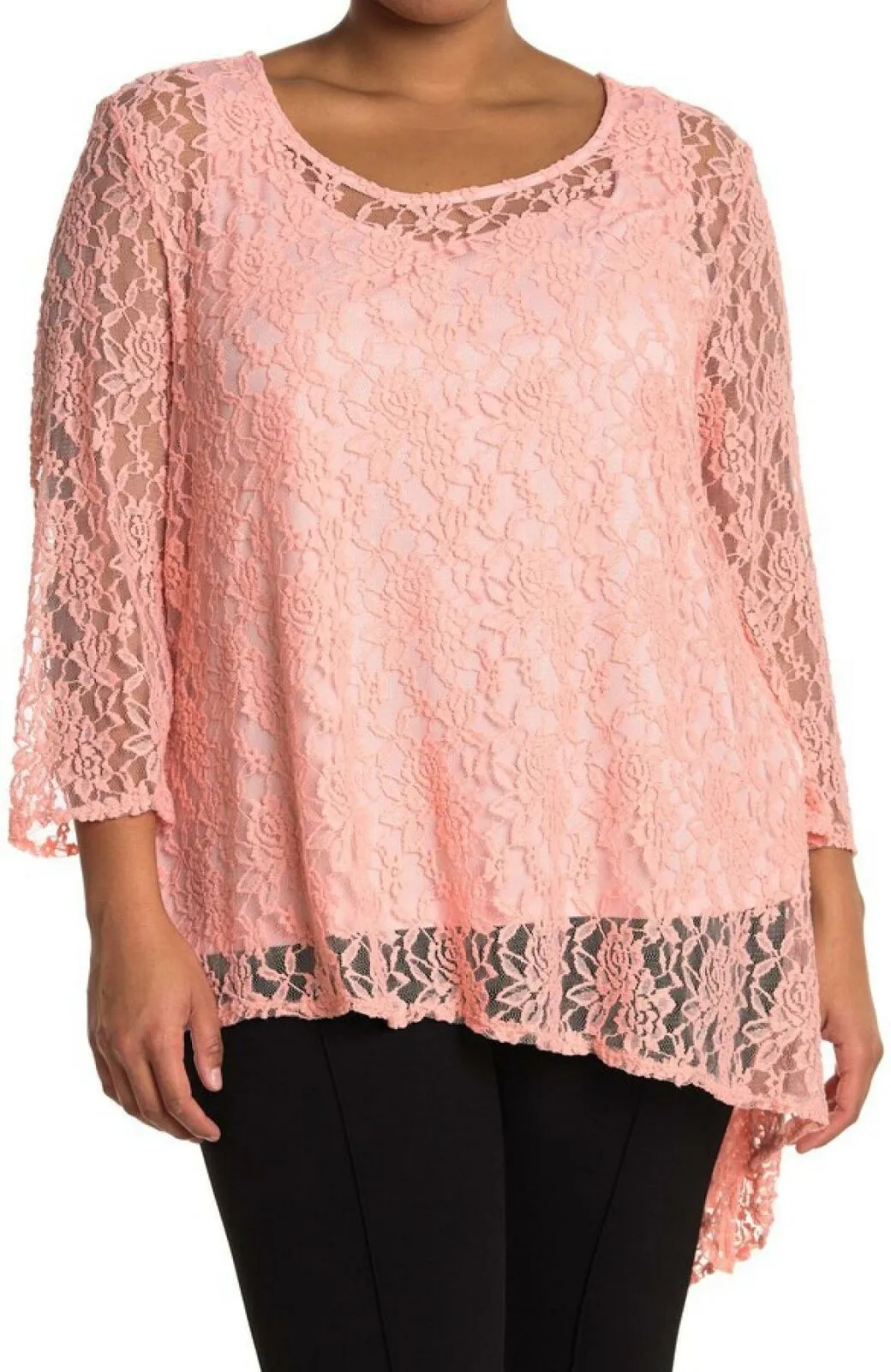 Marina Plus Floral Lace Asymmetrical Hem Top with Knit Tank Top