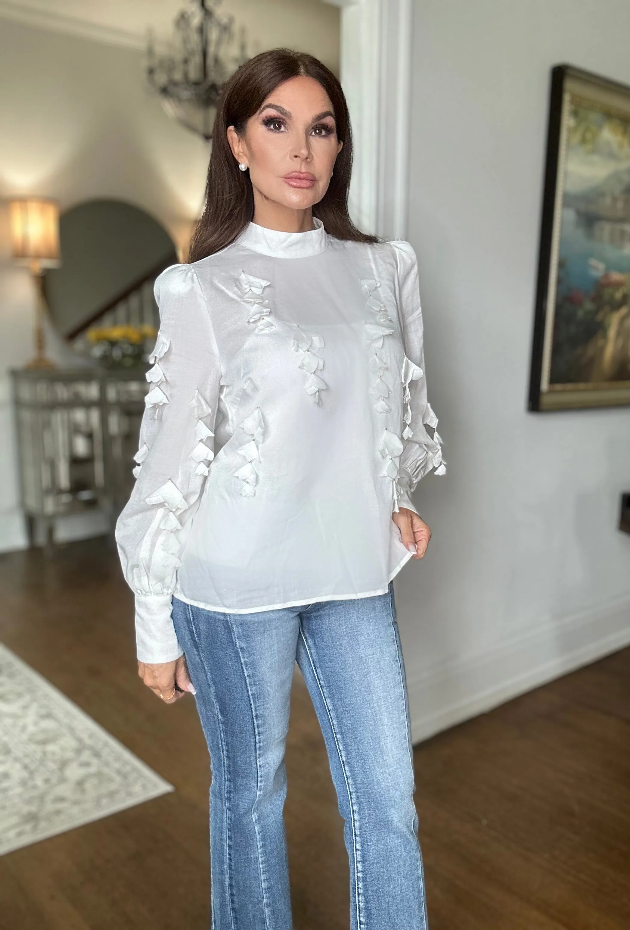 Marla off white mock neck floral trim blouse