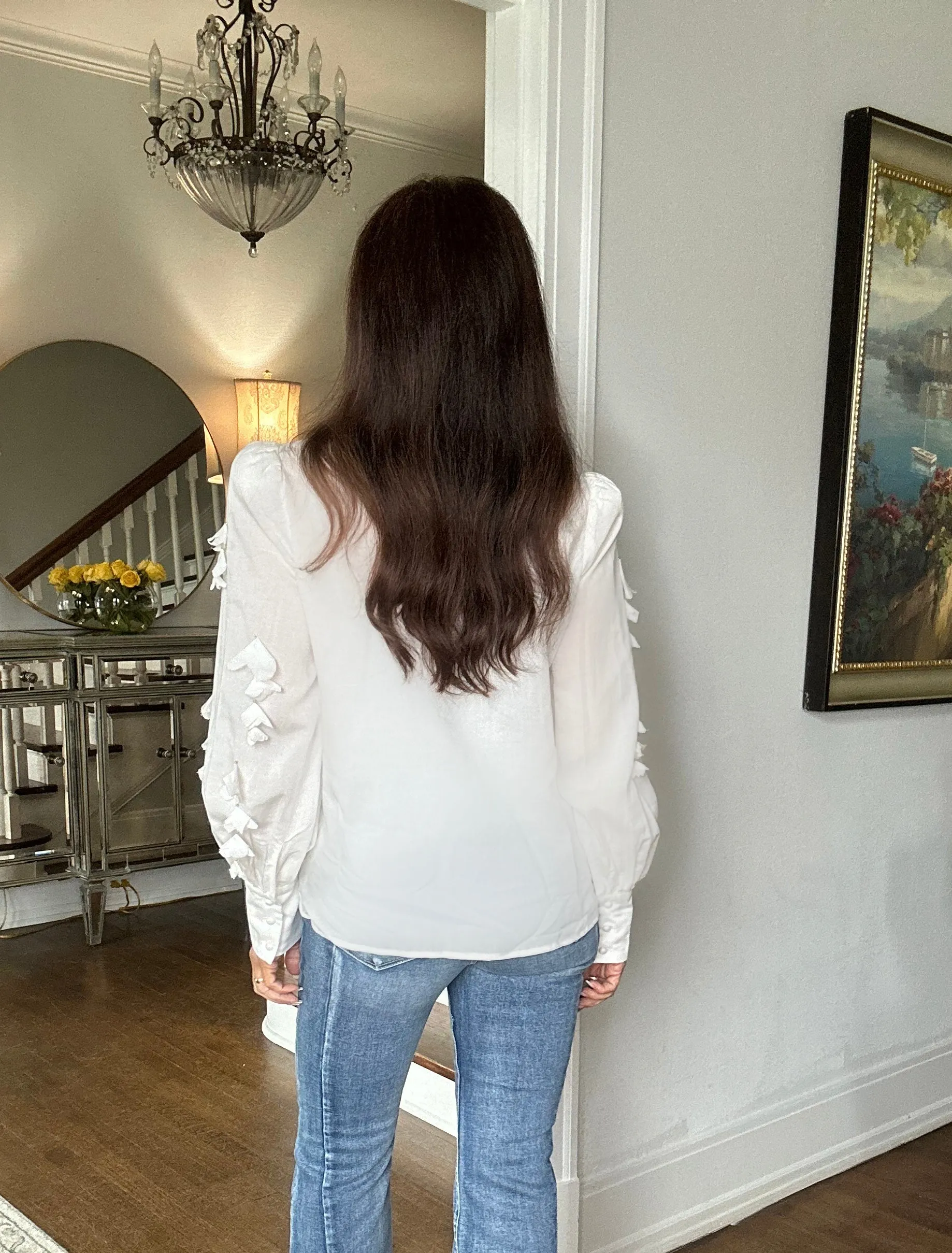 Marla off white mock neck floral trim blouse