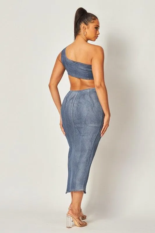 METALIC DENIM  WASH 2 PC MAXI SKIRT  SET WITH CROP TOP