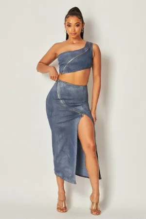 METALIC DENIM  WASH 2 PC MAXI SKIRT  SET WITH CROP TOP