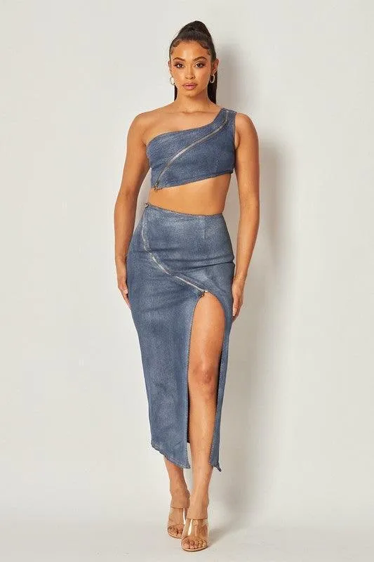 METALIC DENIM  WASH 2 PC MAXI SKIRT  SET WITH CROP TOP