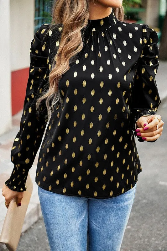 Metallic Dots Mock Neck Blouse