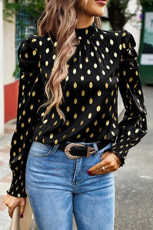 Metallic Dots Mock Neck Blouse