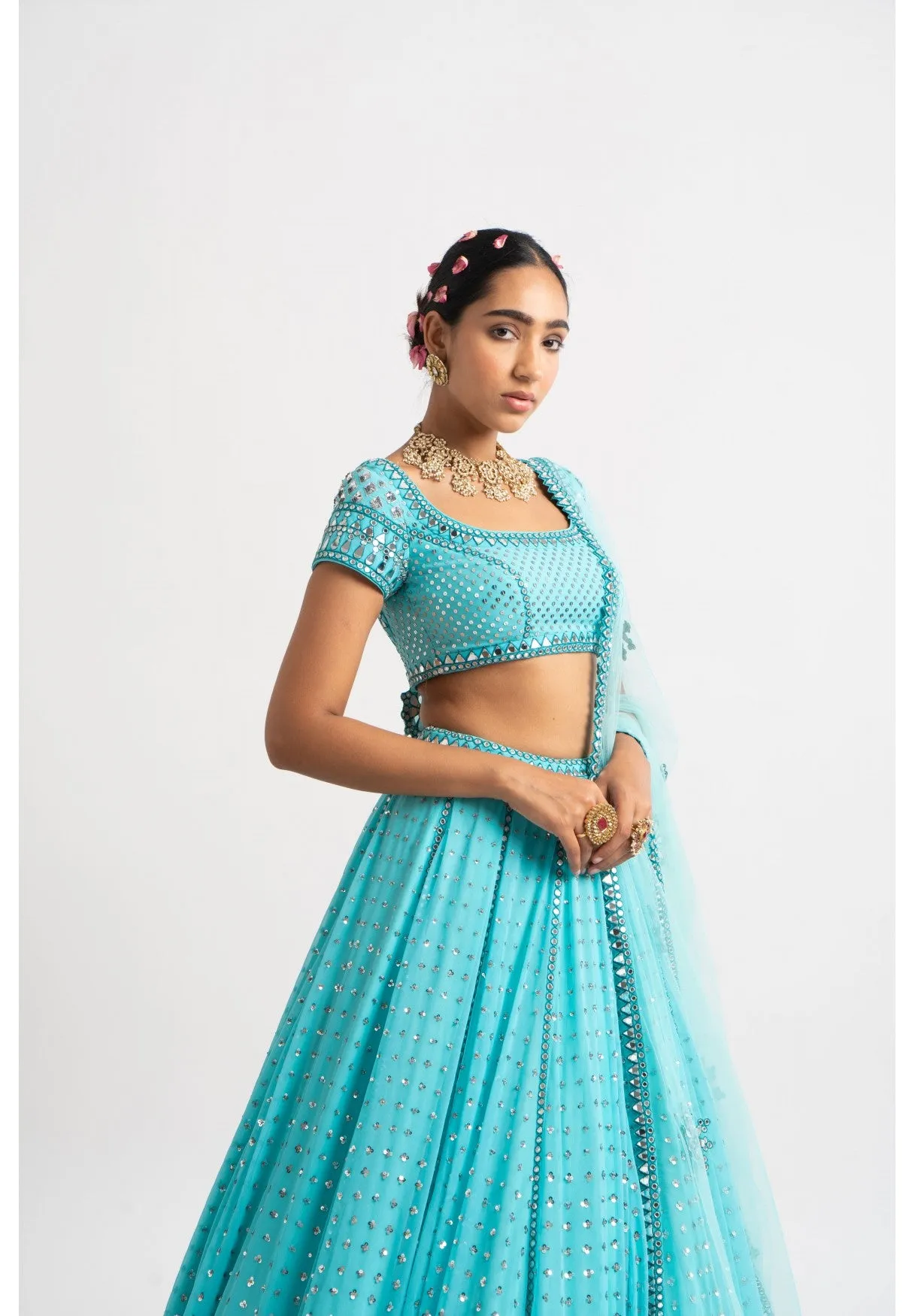 Mint Blue Single Tier Lehenga Set