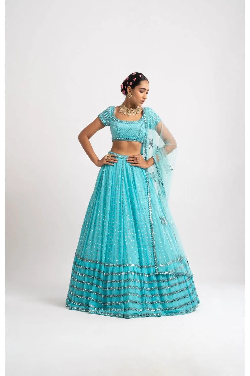 Mint Blue Single Tier Lehenga Set