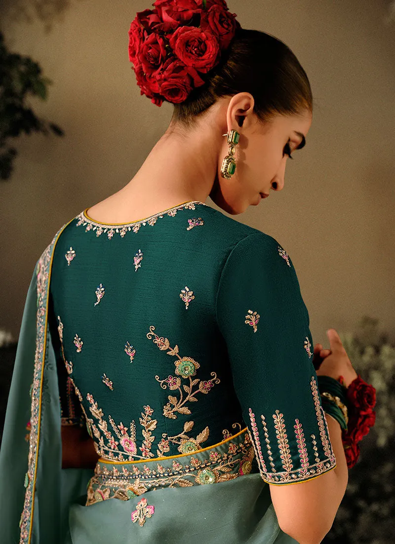 Misty Green Two Tone Multi Embroidery Wedding Silk Saree