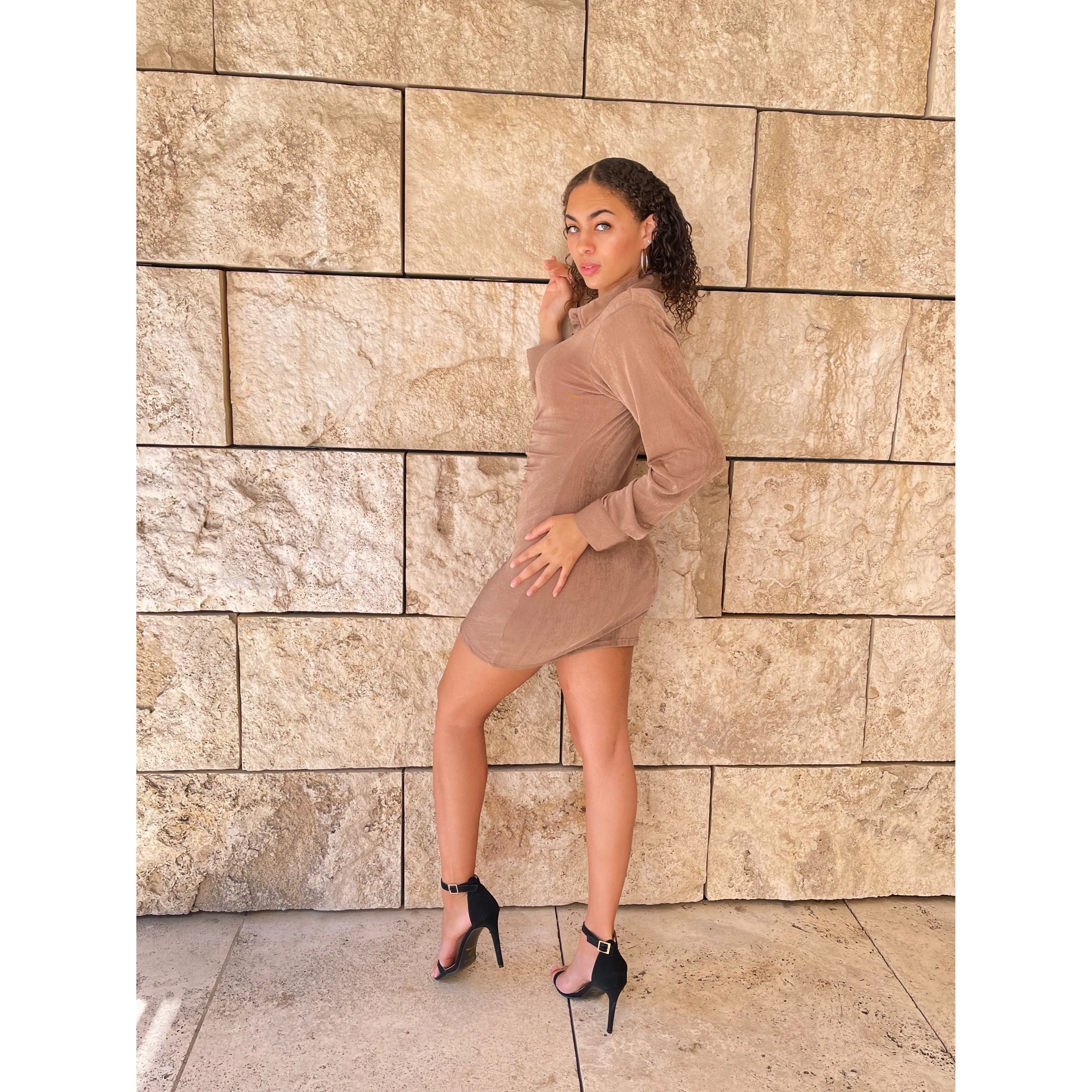 Mocha Brown Ruched Button Front Mini Shirt Dress
