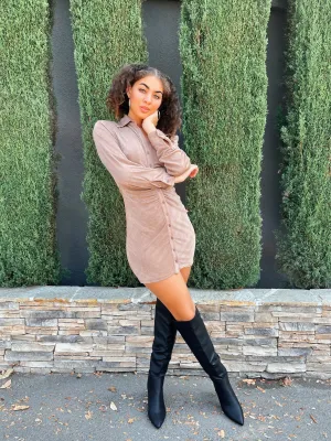 Mocha Brown Ruched Button Front Mini Shirt Dress