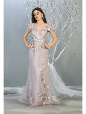 MQ 7870 - Fit & Flare Prom Gown with Floral Applique Bodice & Skirt