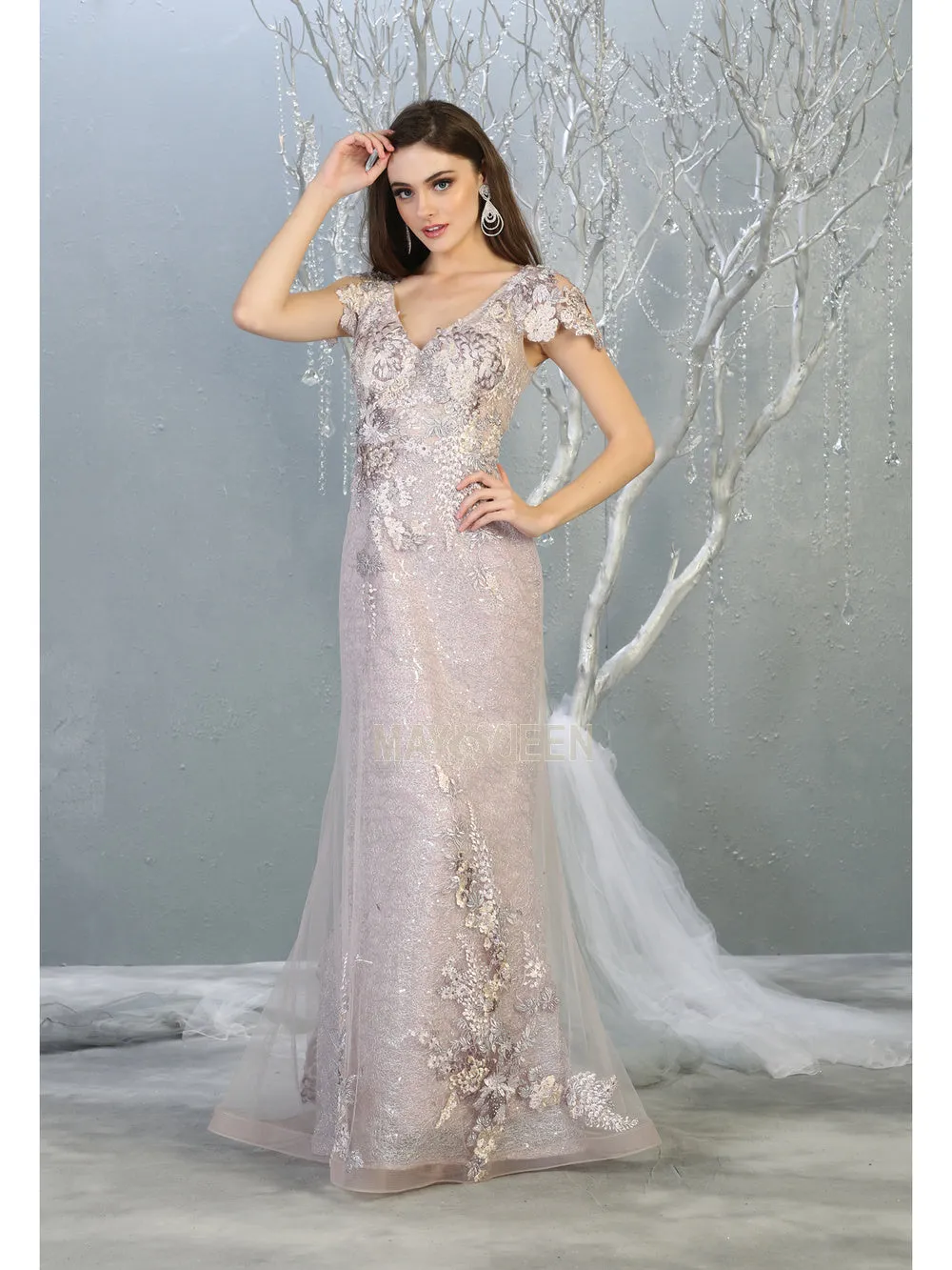 MQ 7870 - Fit & Flare Prom Gown with Floral Applique Bodice & Skirt