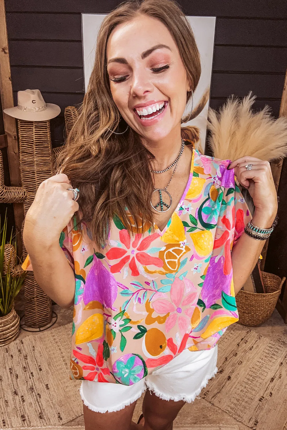 Multicolour Floral Print V Neck Short Sleeve Blouse