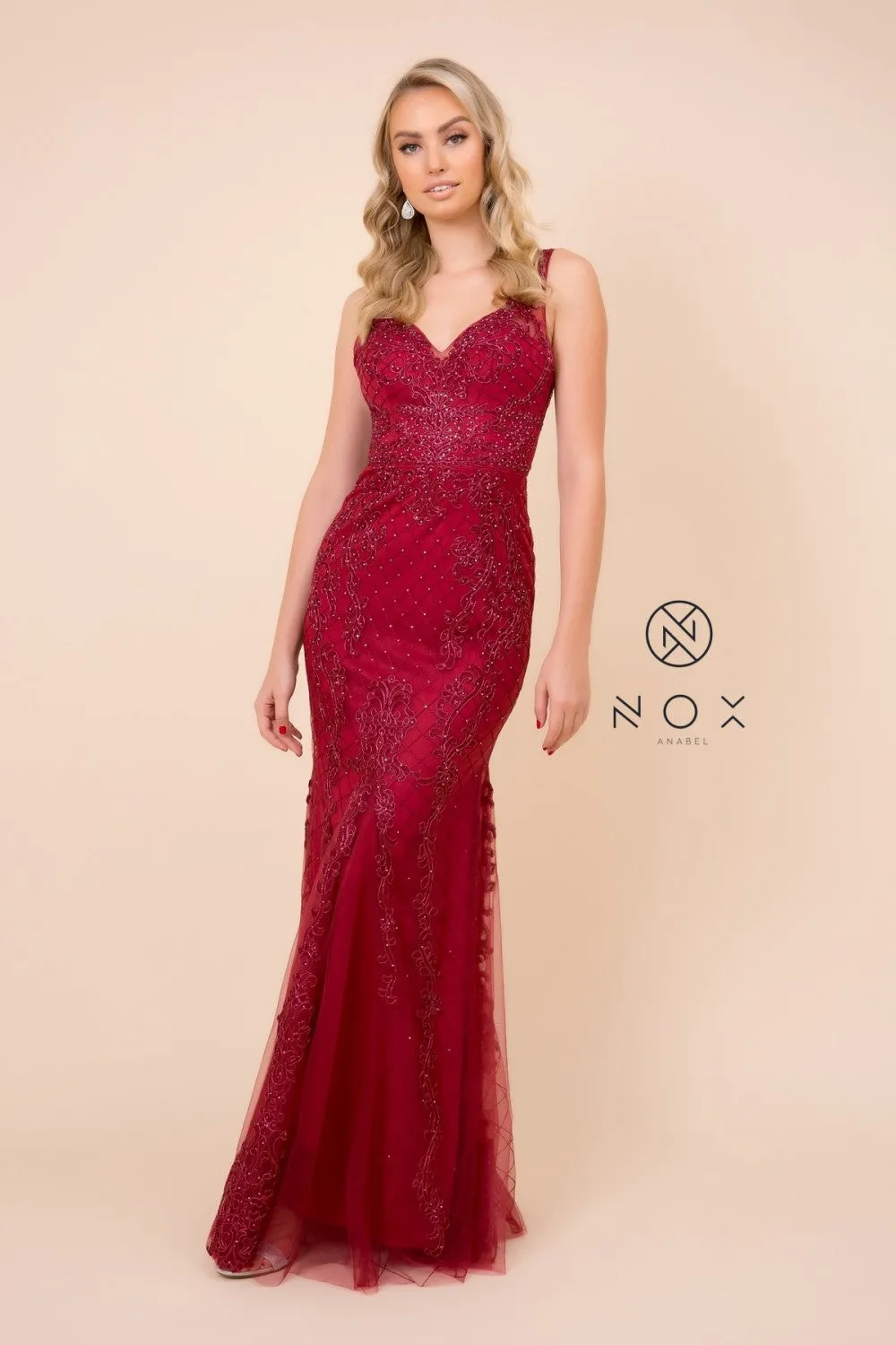 N A398 - Bead Lace Appliqued Fit & Flare Prom Gown with V-Neck & Open Back