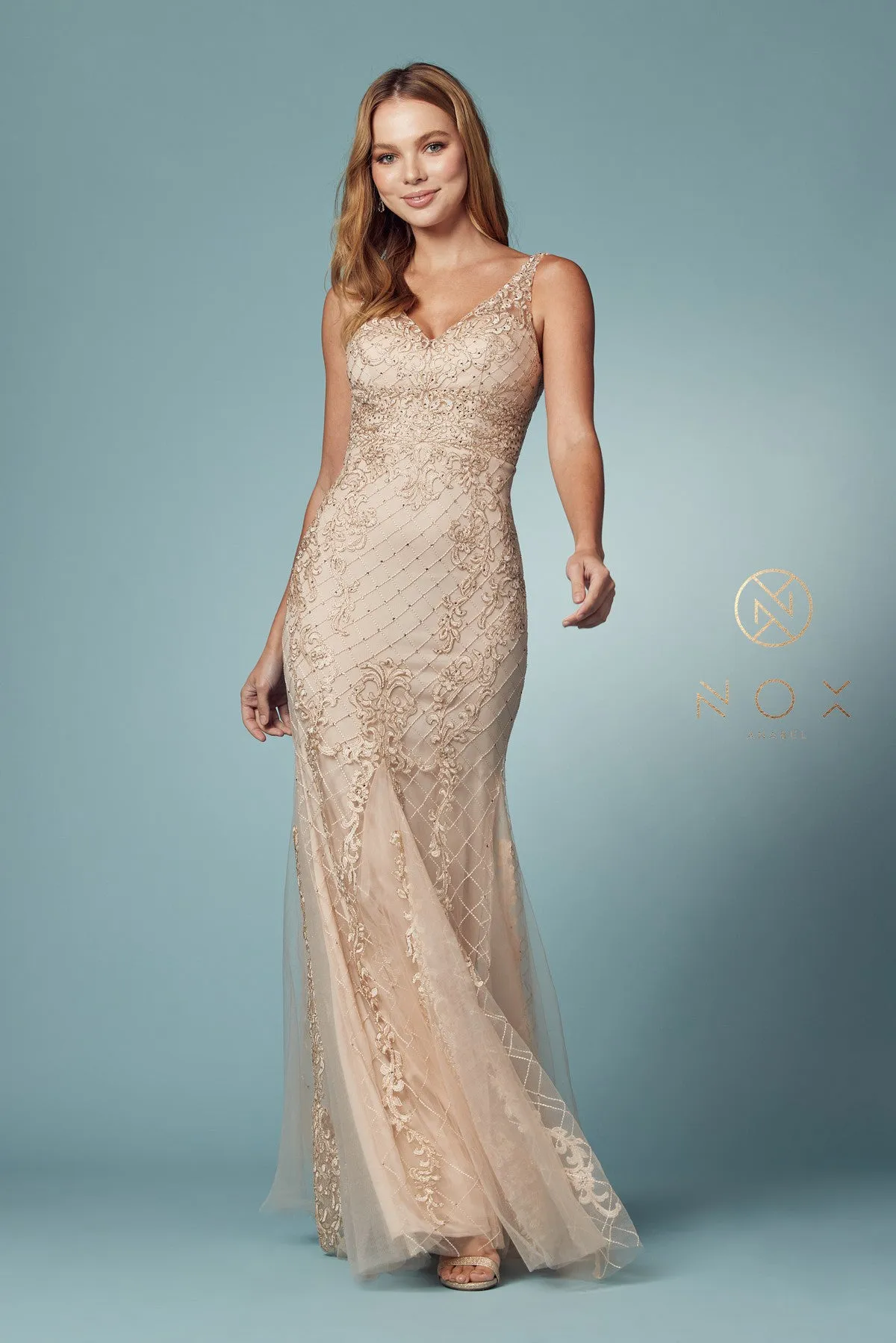 N A398 - Bead Lace Appliqued Fit & Flare Prom Gown with V-Neck & Open Back