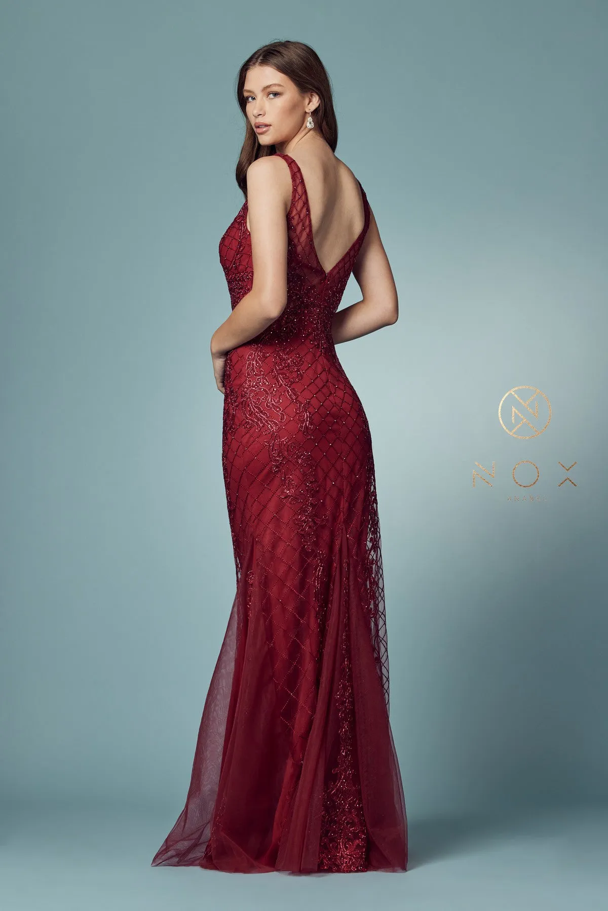 N A398 - Bead Lace Appliqued Fit & Flare Prom Gown with V-Neck & Open Back