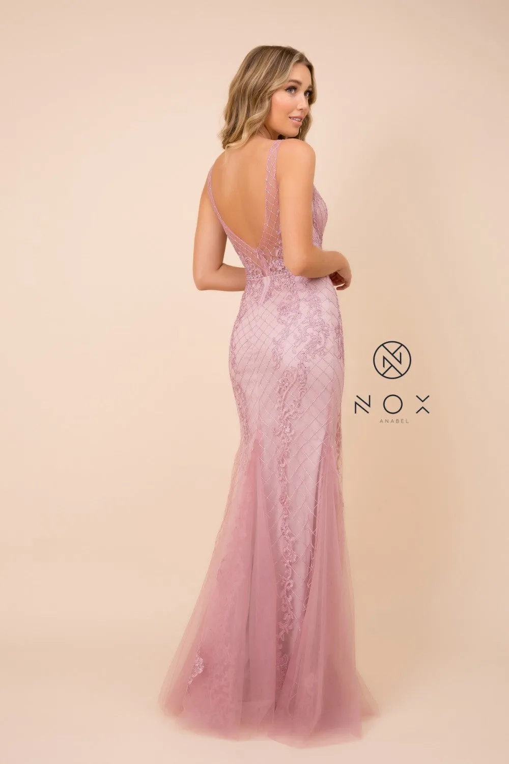 N A398 - Bead Lace Appliqued Fit & Flare Prom Gown with V-Neck & Open Back