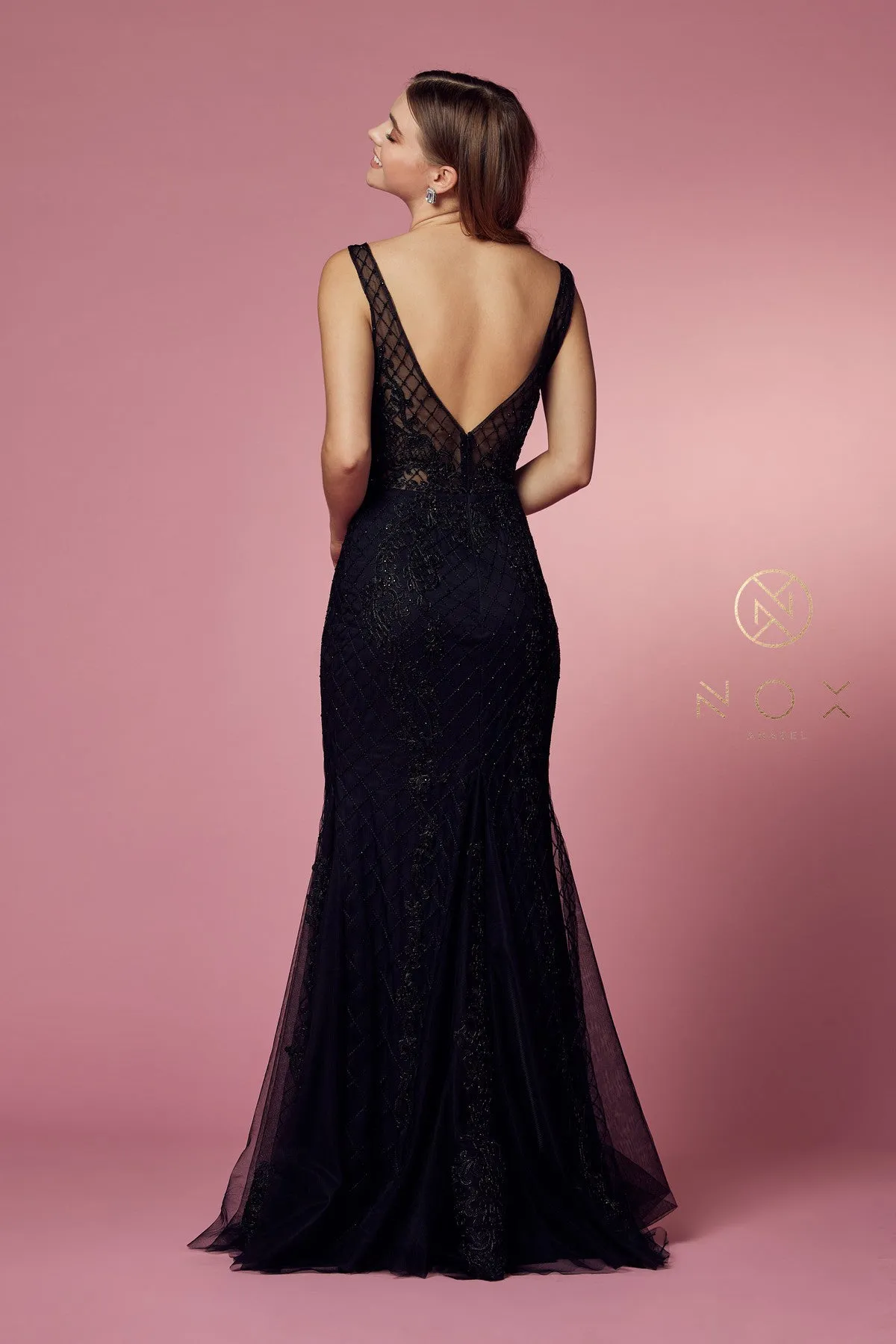 N A398 - Bead Lace Appliqued Fit & Flare Prom Gown with V-Neck & Open Back