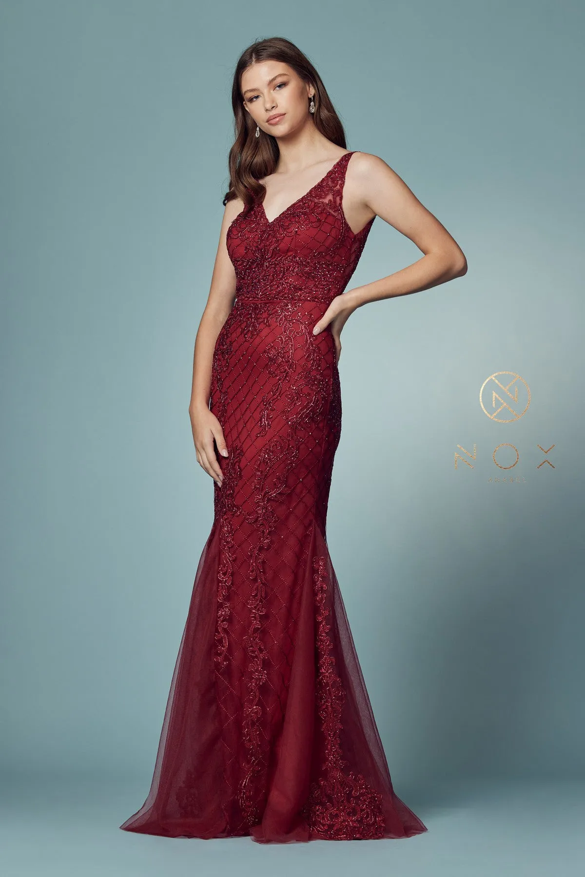 N A398 - Bead Lace Appliqued Fit & Flare Prom Gown with V-Neck & Open Back
