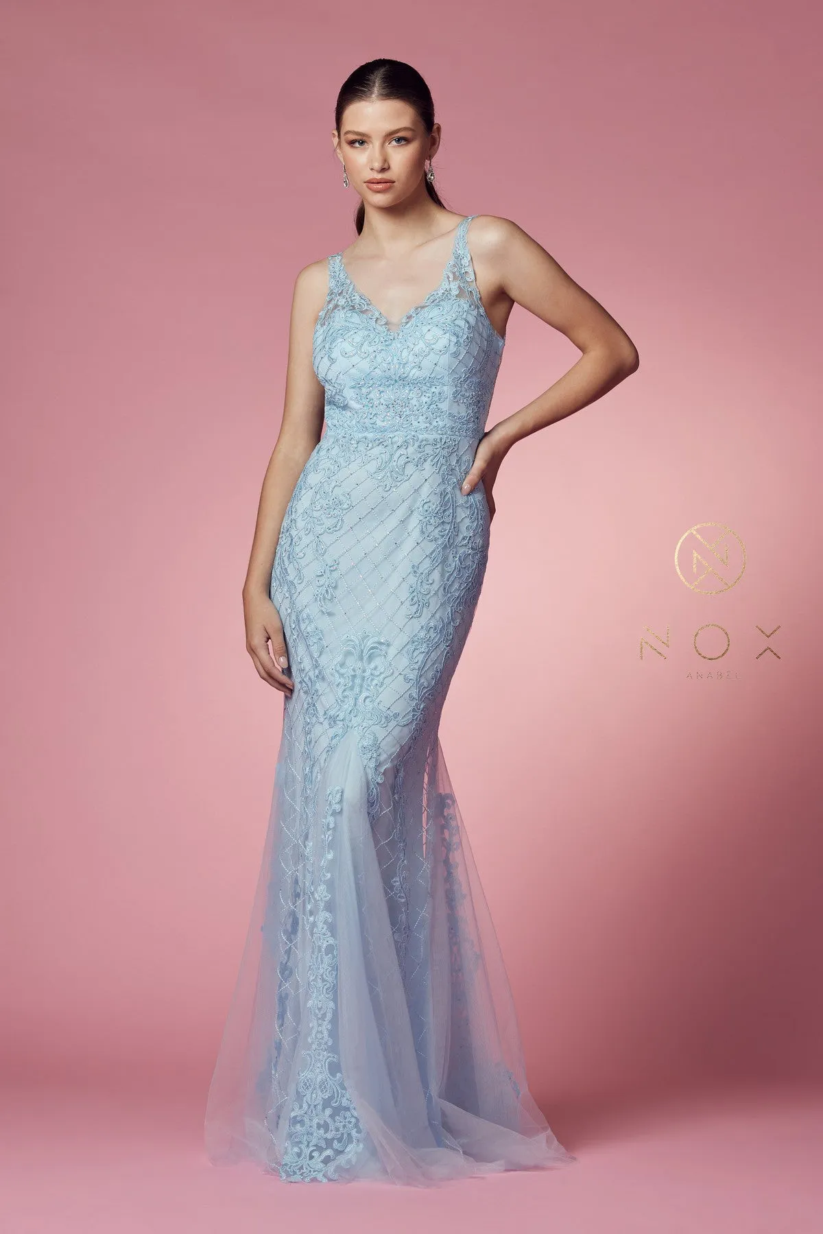 N A398 - Bead Lace Appliqued Fit & Flare Prom Gown with V-Neck & Open Back