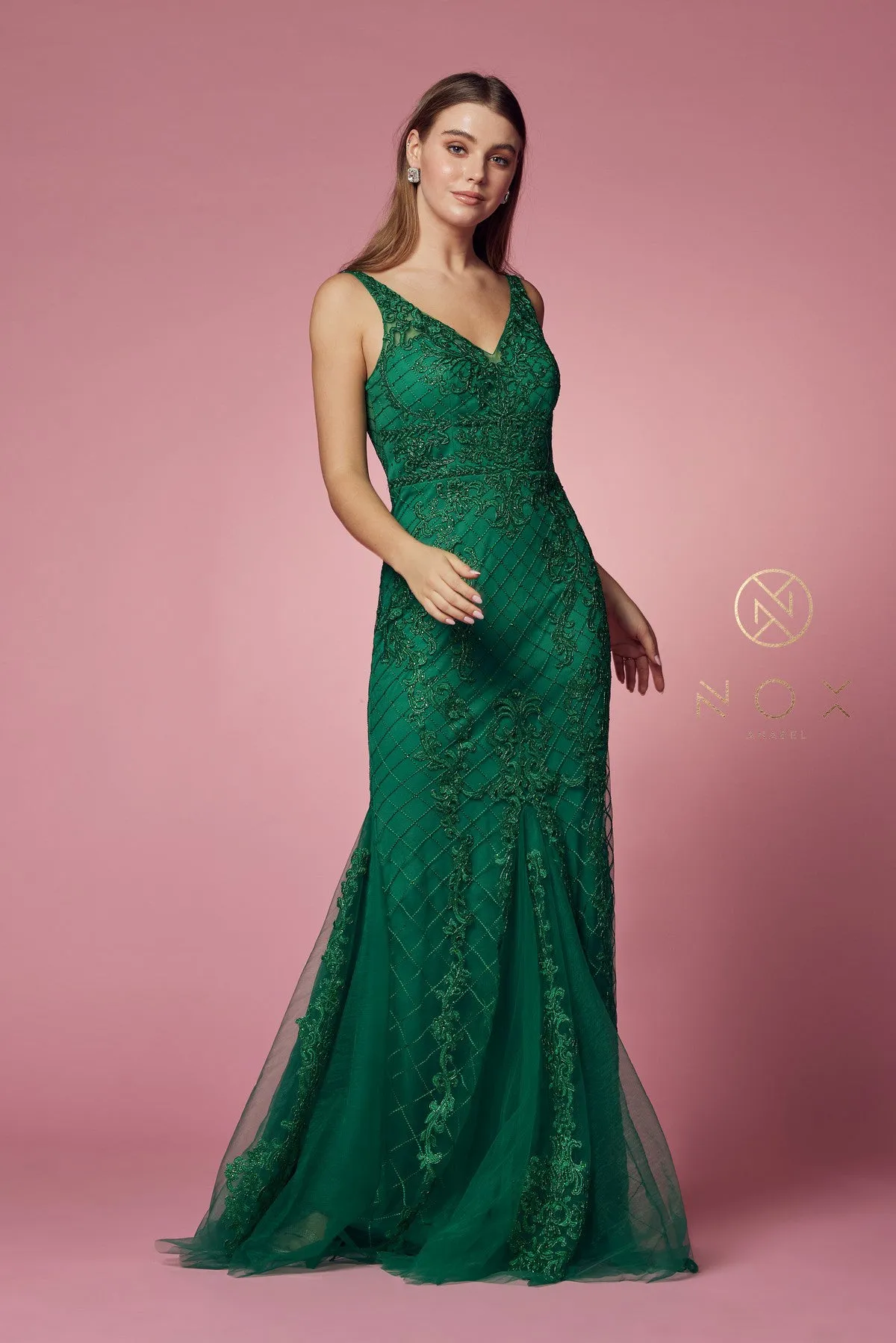 N A398 - Bead Lace Appliqued Fit & Flare Prom Gown with V-Neck & Open Back
