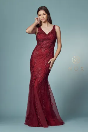 N A398 - Bead Lace Appliqued Fit & Flare Prom Gown with V-Neck & Open Back