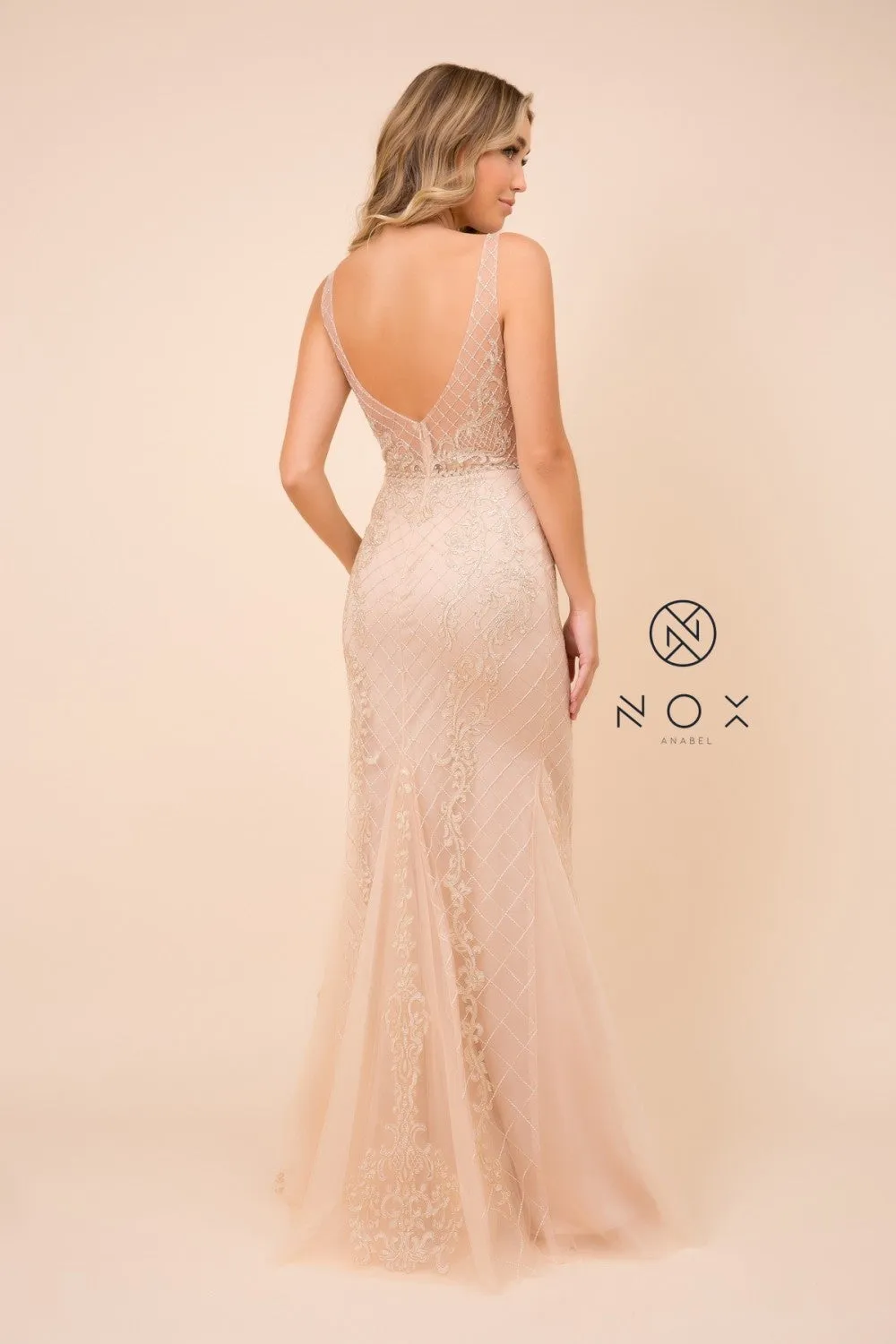 N A398 - Bead Lace Appliqued Fit & Flare Prom Gown with V-Neck & Open Back