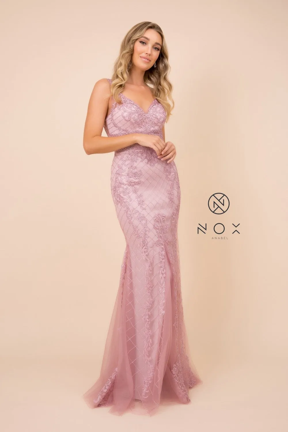 N A398 - Bead Lace Appliqued Fit & Flare Prom Gown with V-Neck & Open Back