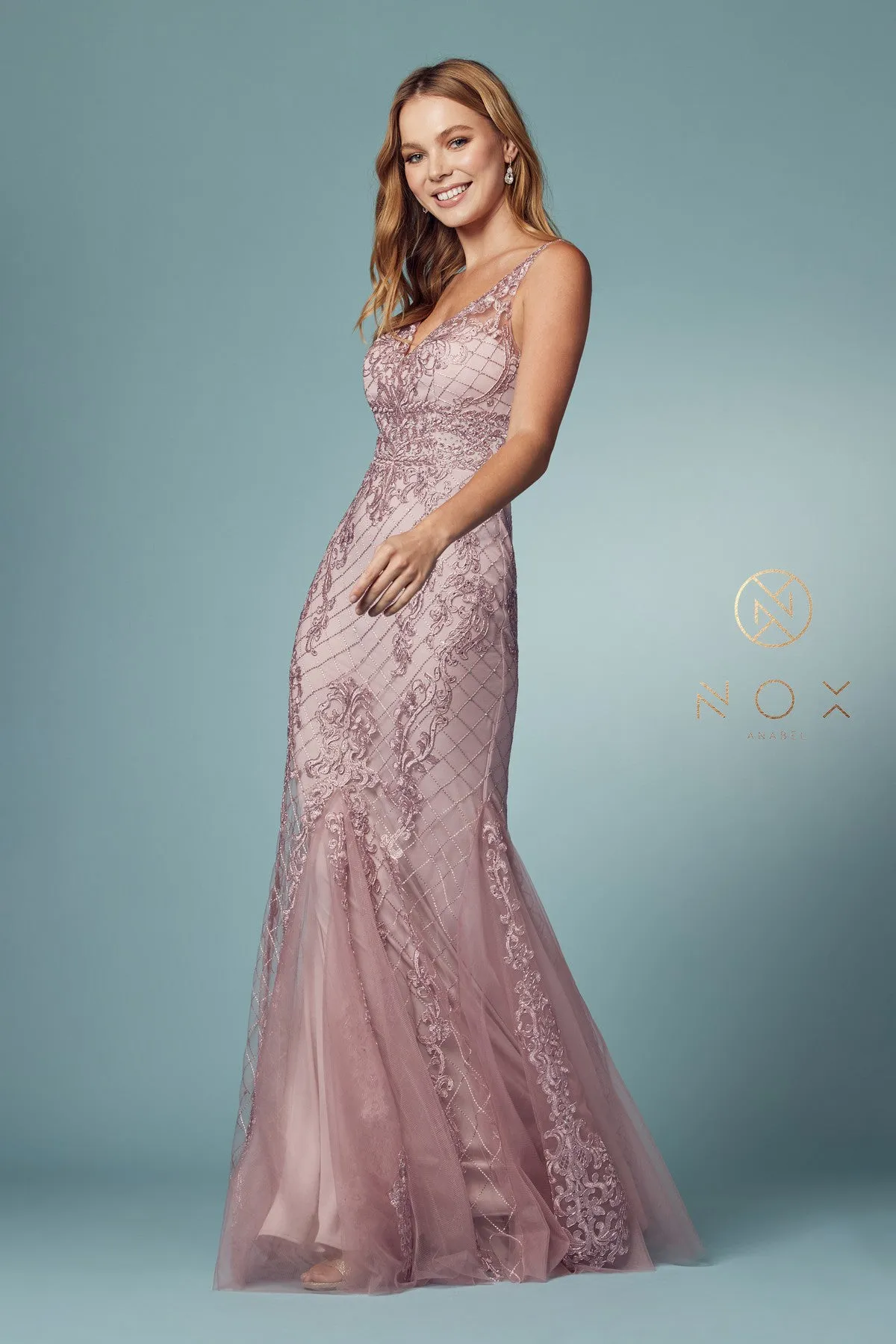 N A398 - Bead Lace Appliqued Fit & Flare Prom Gown with V-Neck & Open Back