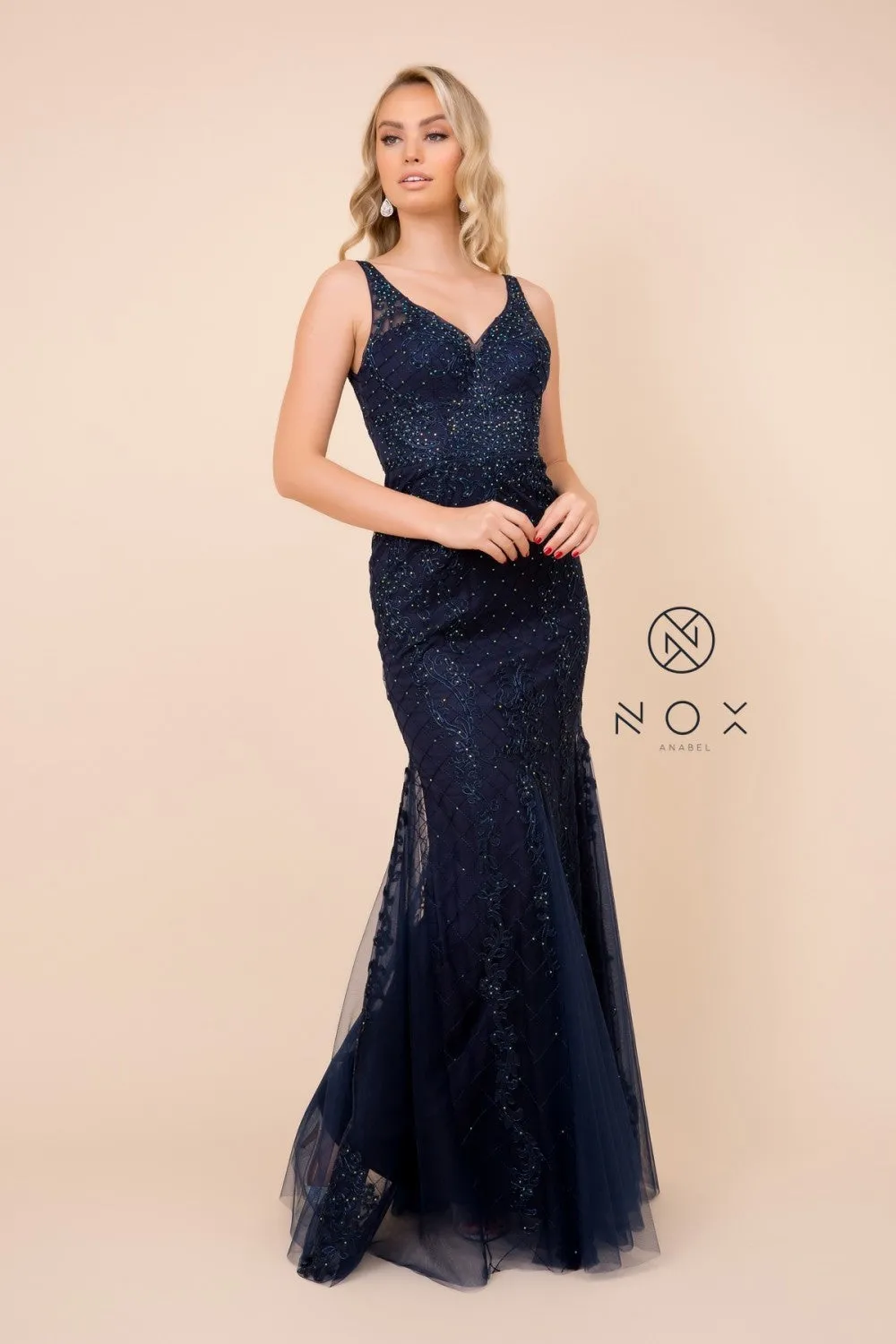 N A398 - Bead Lace Appliqued Fit & Flare Prom Gown with V-Neck & Open Back