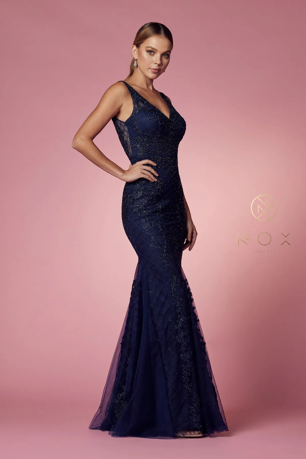 N A398 - Bead Lace Appliqued Fit & Flare Prom Gown with V-Neck & Open Back