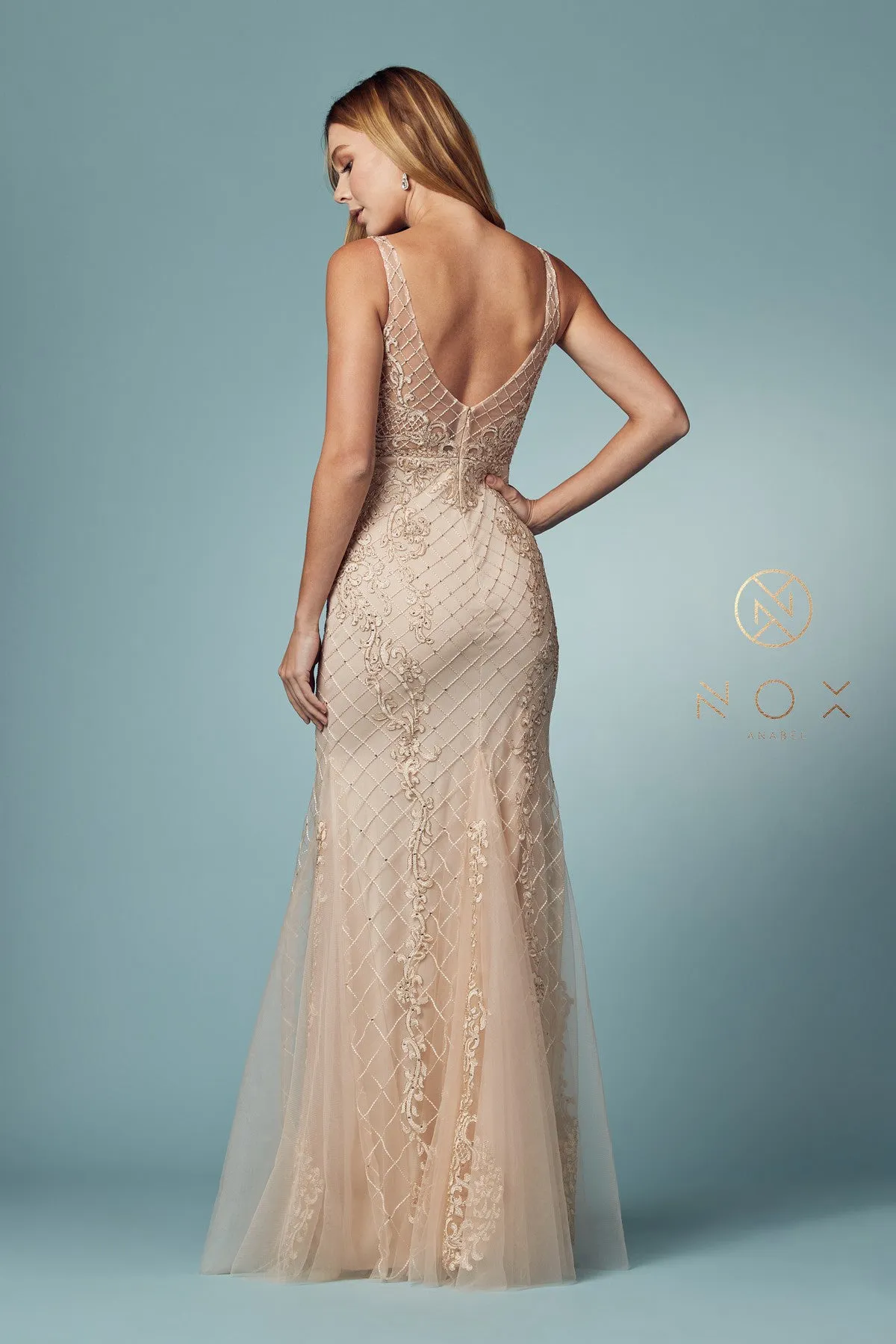 N A398 - Bead Lace Appliqued Fit & Flare Prom Gown with V-Neck & Open Back
