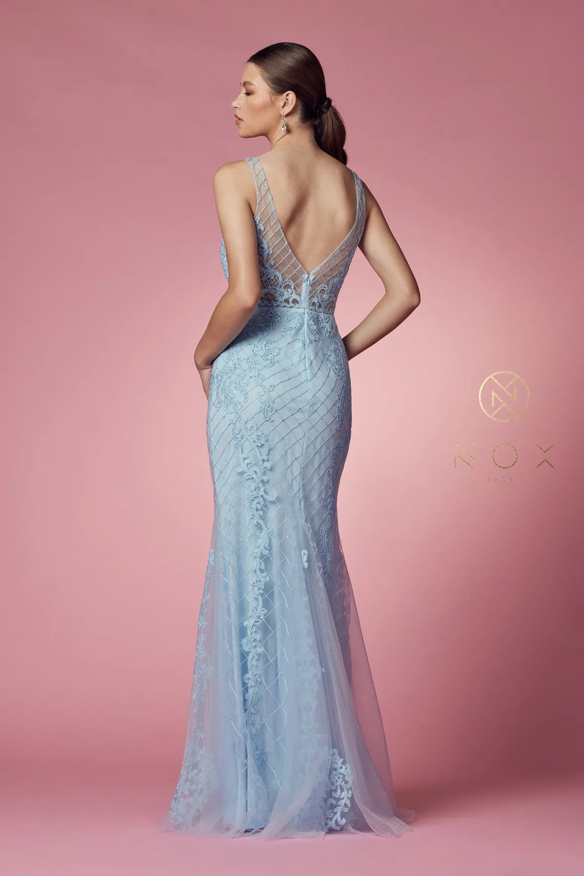 N A398 - Bead Lace Appliqued Fit & Flare Prom Gown with V-Neck & Open Back
