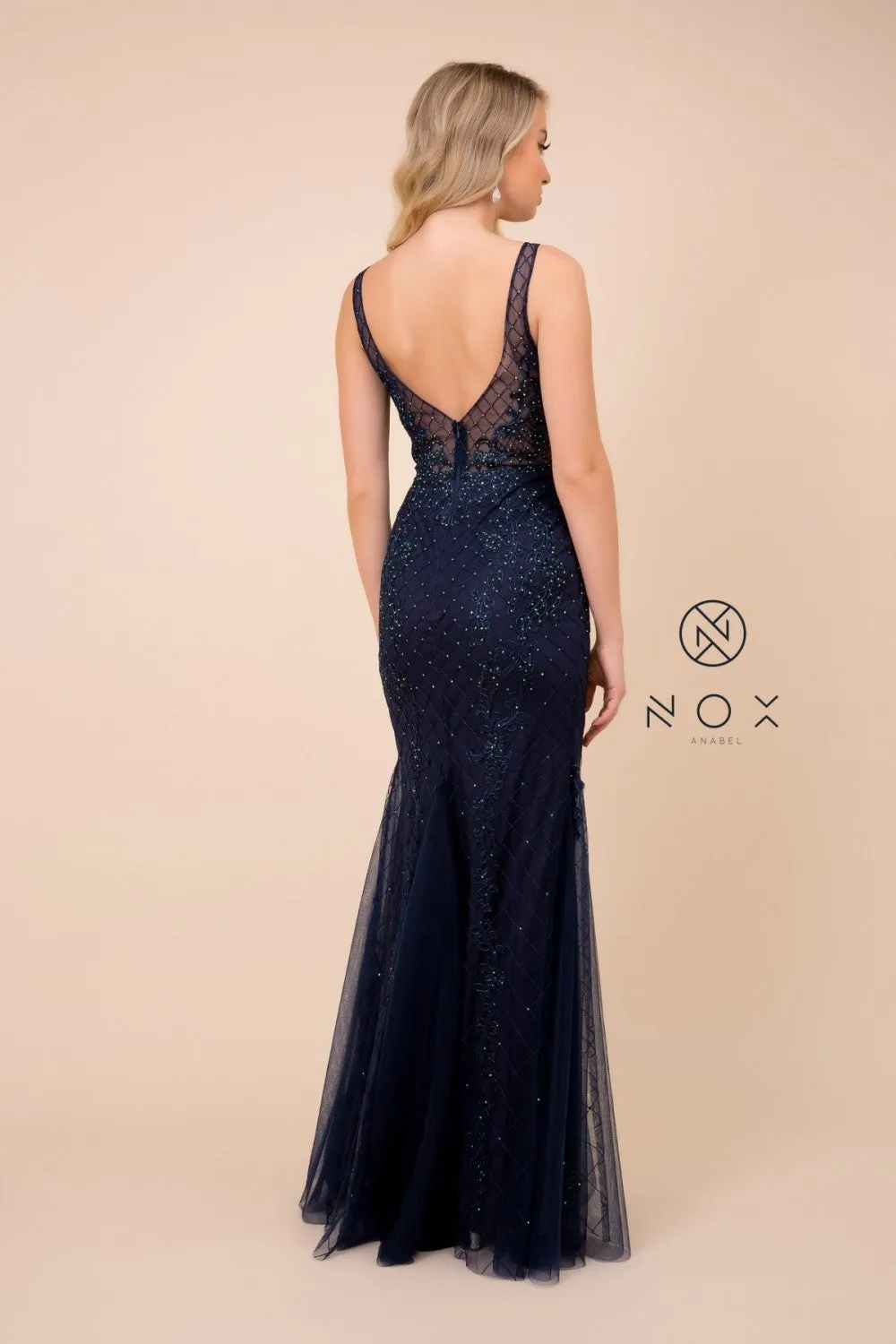 N A398 - Bead Lace Appliqued Fit & Flare Prom Gown with V-Neck & Open Back