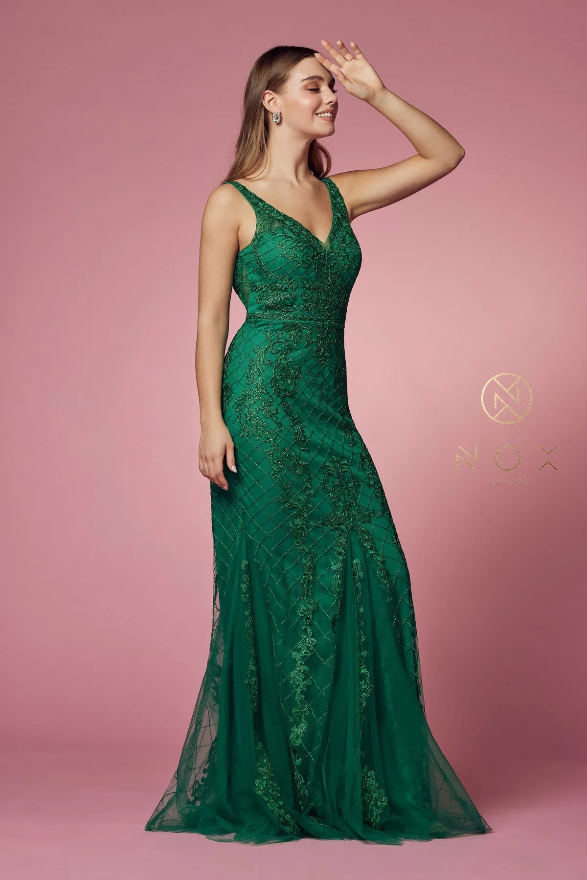 N A398 - Bead Lace Appliqued Fit & Flare Prom Gown with V-Neck & Open Back