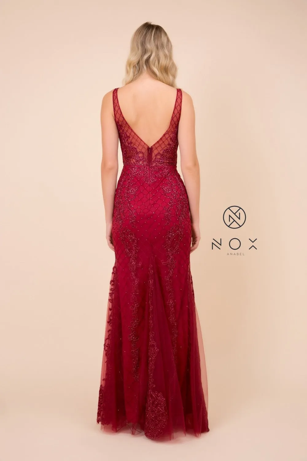 N A398 - Bead Lace Appliqued Fit & Flare Prom Gown with V-Neck & Open Back