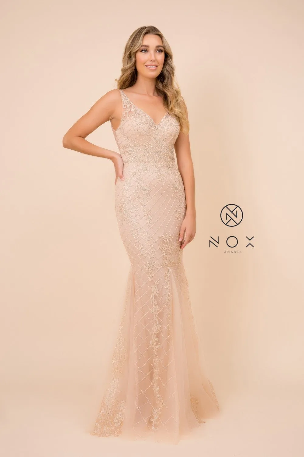 N A398 - Bead Lace Appliqued Fit & Flare Prom Gown with V-Neck & Open Back